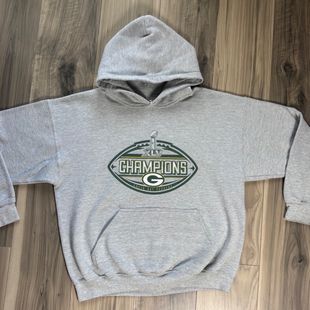 Gildan Green Bay Packers Super Bowl XLV Champions Hoodie Gray Mens Large
